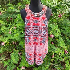INC International Concepts Blouse Women L Large Red Paisley Sleeveless Studded